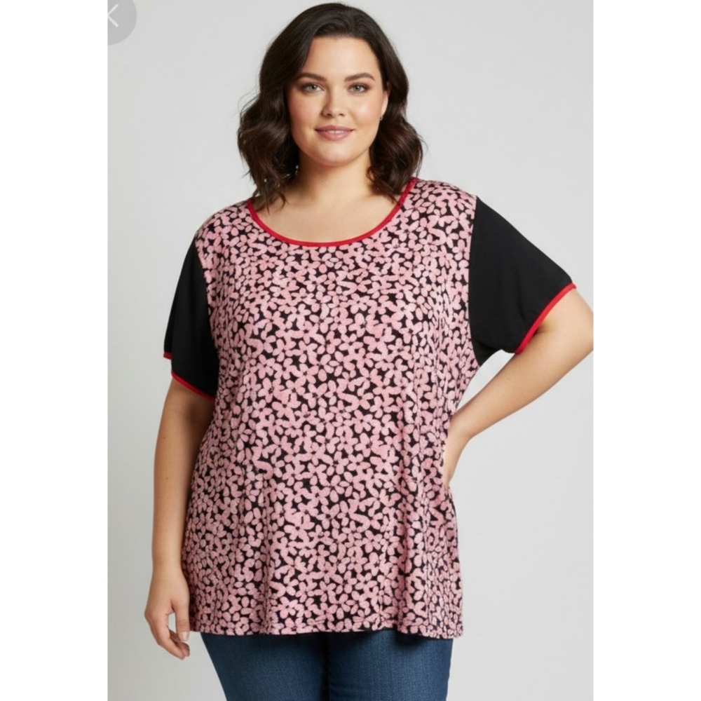 Susan Graver Short Sleeve Floral tee Pink & Black Size 2X